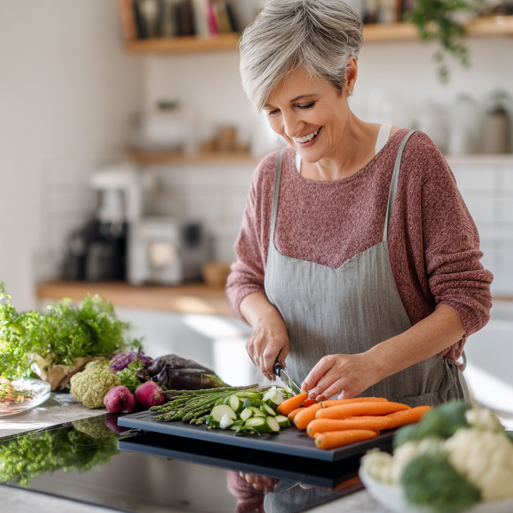 50 years old woman preparing fresh vegetables using kelvurnak meal planning system in bright kitchen