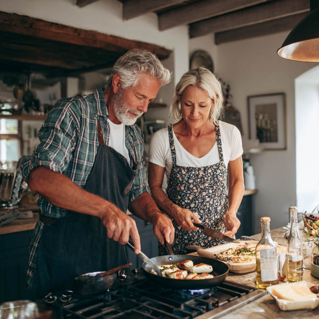51 years old couple cooking together using kelvurnak meal planning recommendations in modern kitchen
