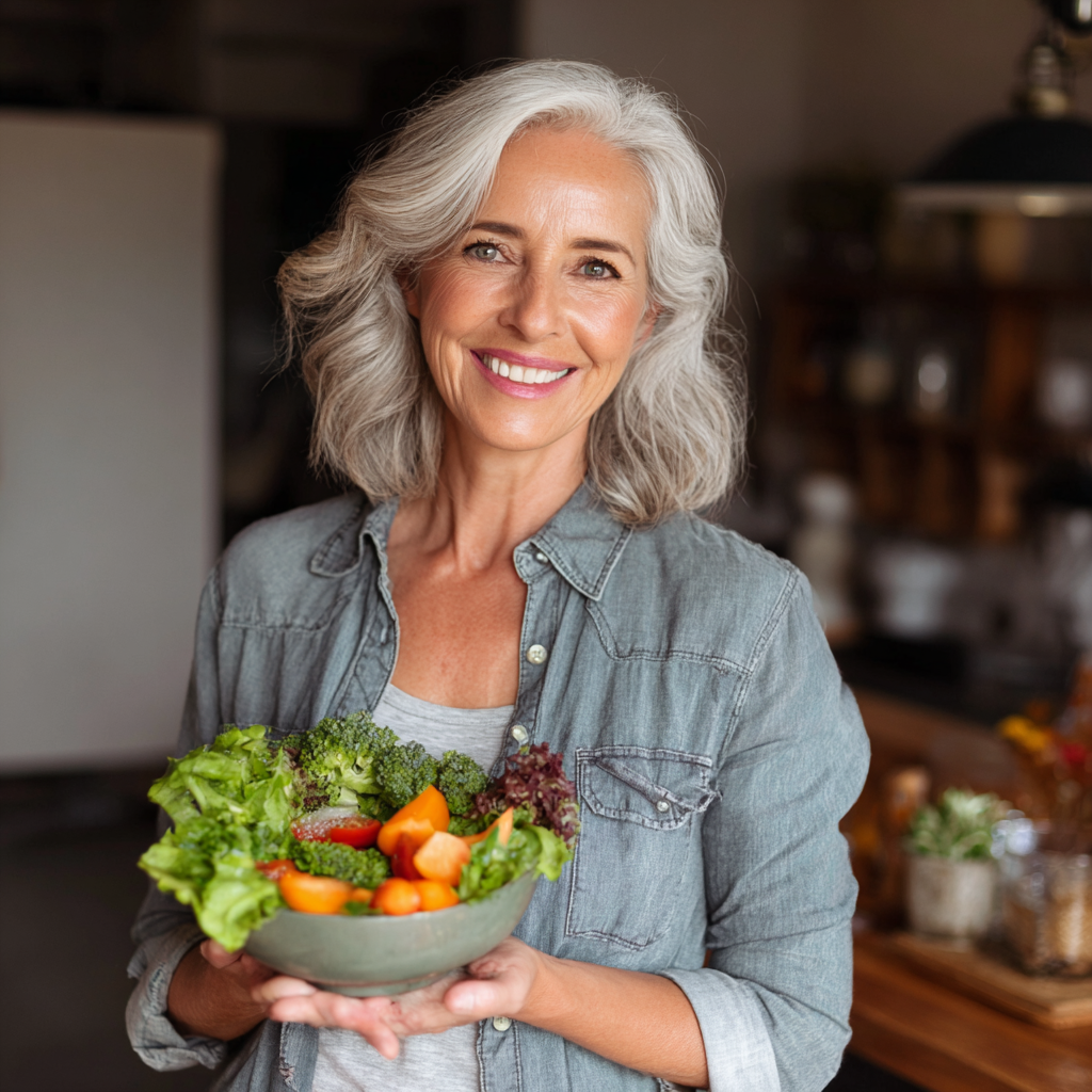 52 years old woman smiling while holding healthy salad prepared according to kelvurnak nutrition plan